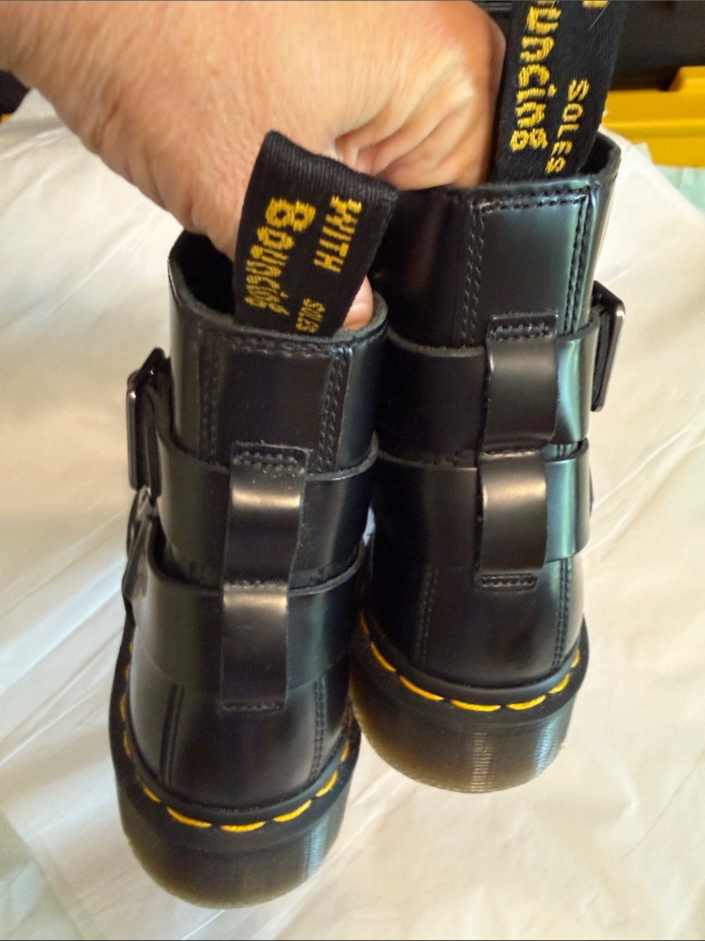 Dr -MartinsBlack Leather Buckle Ankle Boots with Yellow Stitching - Women Shoes - Picture 10 of 11